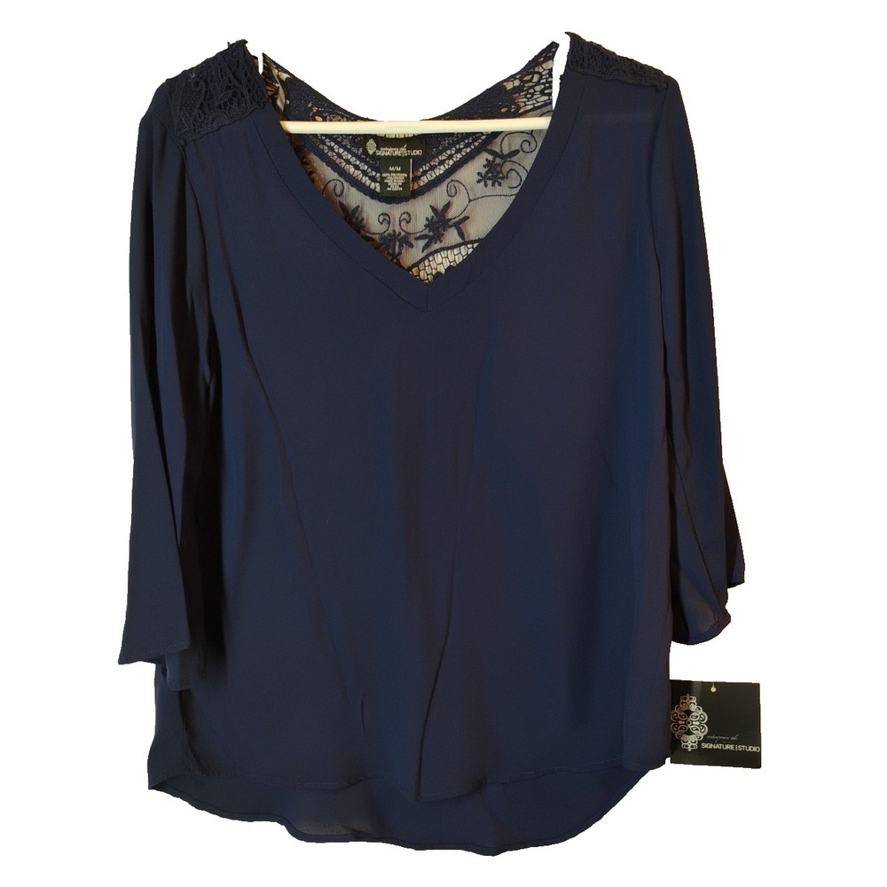 NWT Signature‎ Studio Womens MEDIUM Navy Blue Dress Blouse Shirt Sheer Back